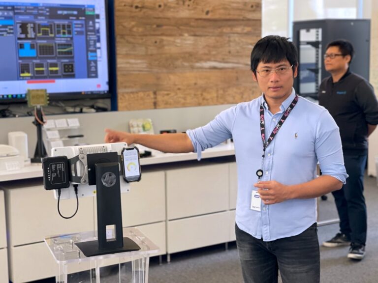 Airgain Engineer Adam Chin showcasing the new Lantern Fixed Wireless Access (FWA) device.