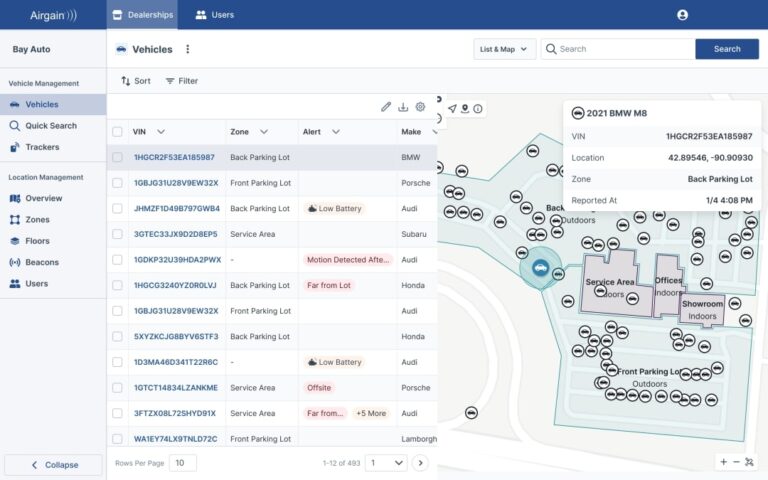 Airgain's Asset Tracker Software Dashboard - Car Lot Example